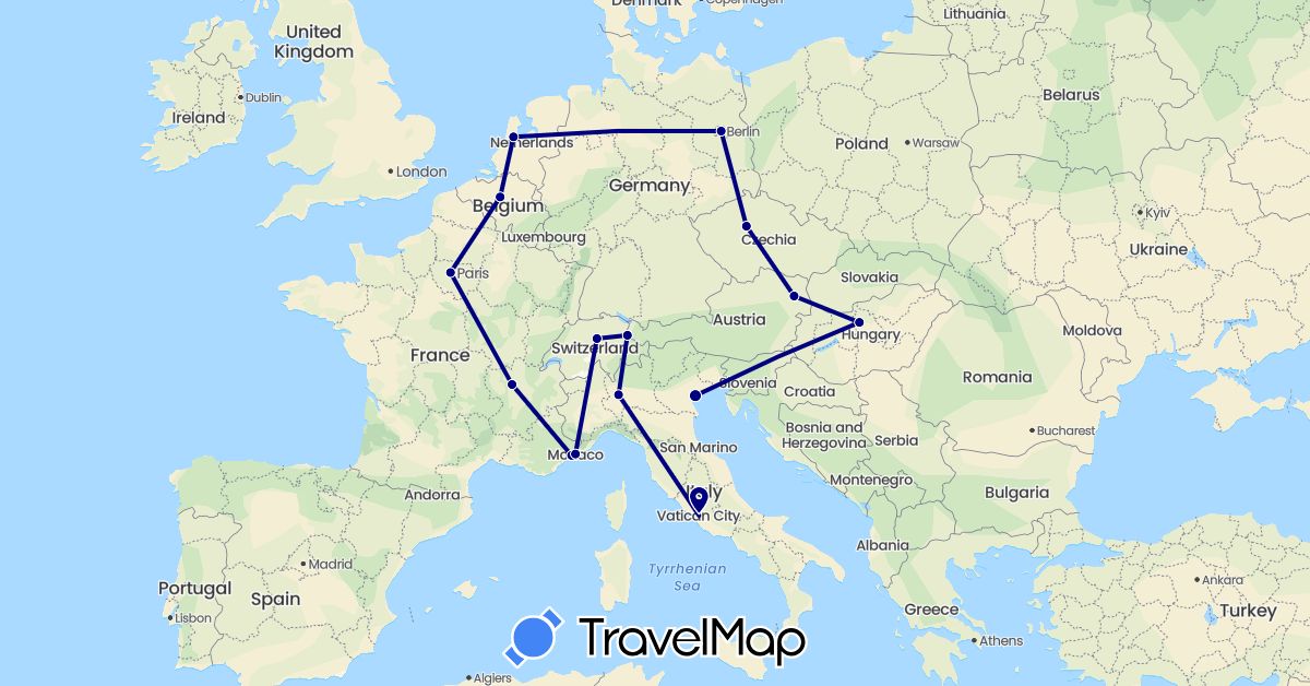 TravelMap itinerary: driving in Austria, Belgium, Switzerland, Czech Republic, Germany, France, Hungary, Italy, Liechtenstein, Monaco, Netherlands (Europe)